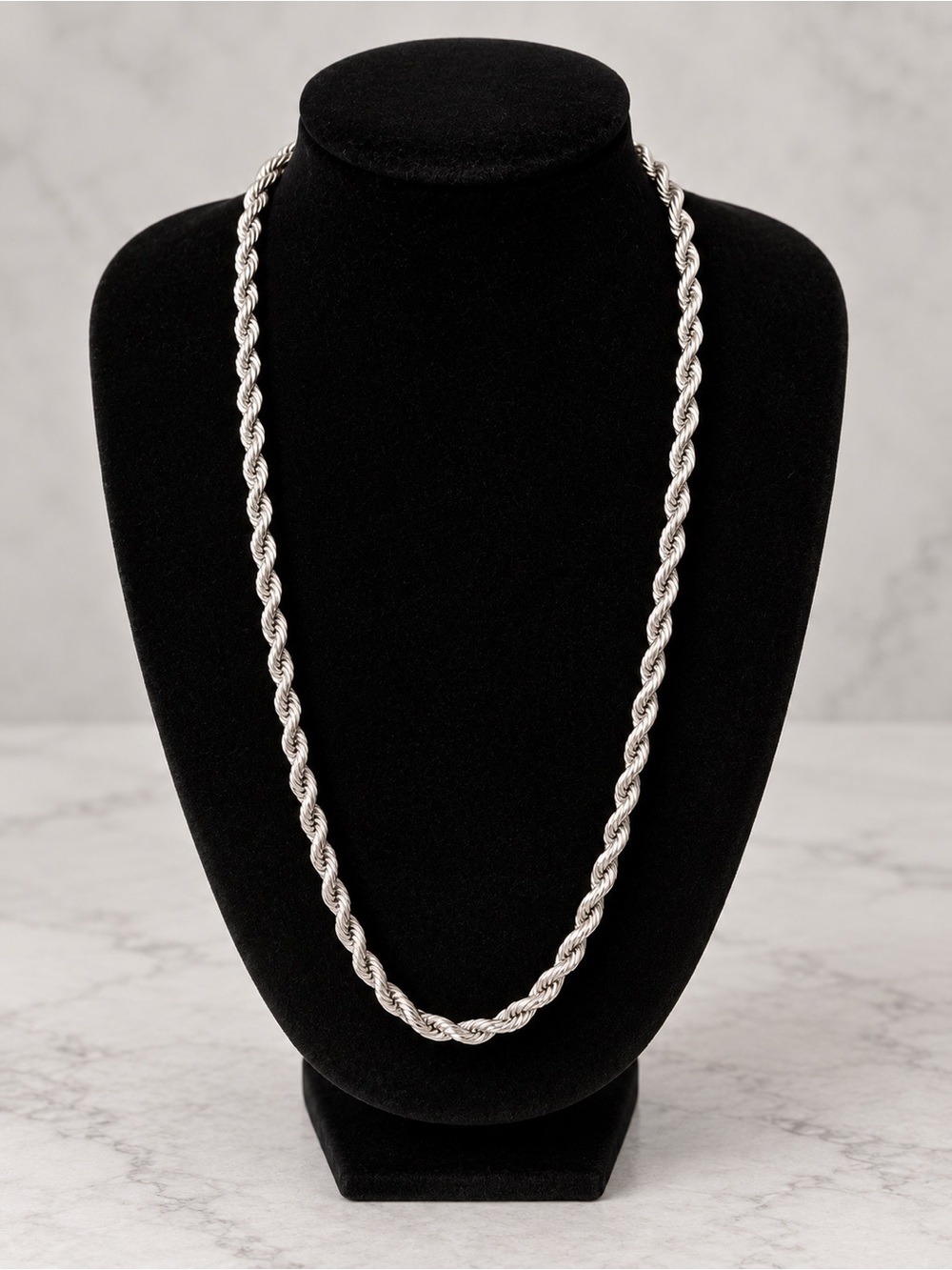 Men's white gold plated  Rope Chain Necklace - Polished Twisted Design
